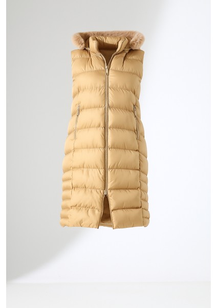 Kürk Detay Kapüşonlu Büyük Beden Şişme Yelek