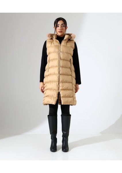 Kürk Detay Kapüşonlu Büyük Beden Şişme Yelek fiyatları