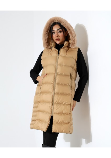 Kürk Detay Kapüşonlu Büyük Beden Şişme Yelek