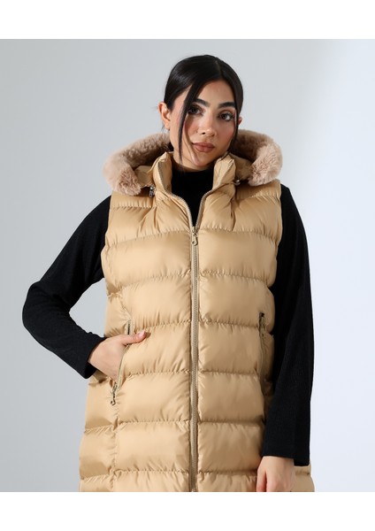 Kürk Detay Kapüşonlu Büyük Beden Şişme Yelek