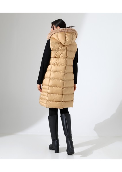 Kürk Detay Kapüşonlu Büyük Beden Şişme Yelek