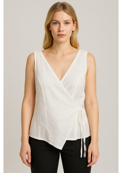 Kadın Bluz | Ekru Bağlamalı Kruvaze Yelek Modeli | Ekru
