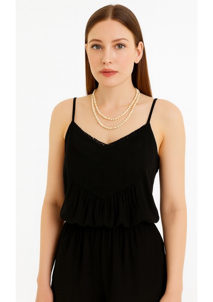 Kadın Ip Askılı Bluz | Dantel Detaylı | Ayarlanabilir Askı | Siyah