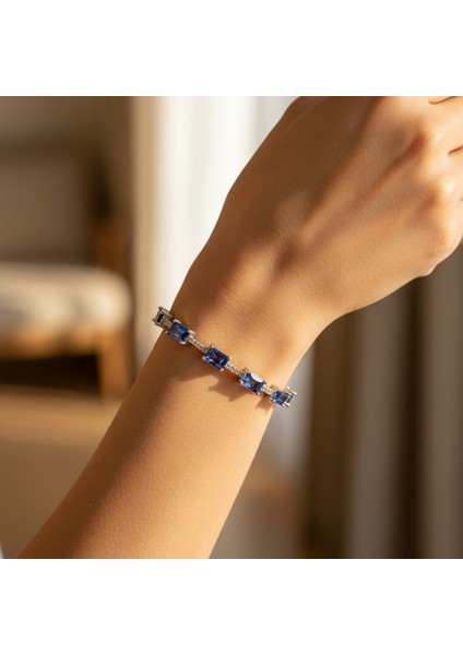 Gümüş Mavi Zirkon Taşlı Bileklik 925 Ayar | Doğum Günü, Sevgililer Günü, Anneler Günü, Yıldönümü Hediyesi 18,5 cm