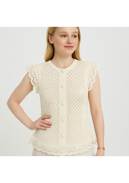 Kadın Bluz | Dantelli Düğme Detaylı Yelek Model | Ekru