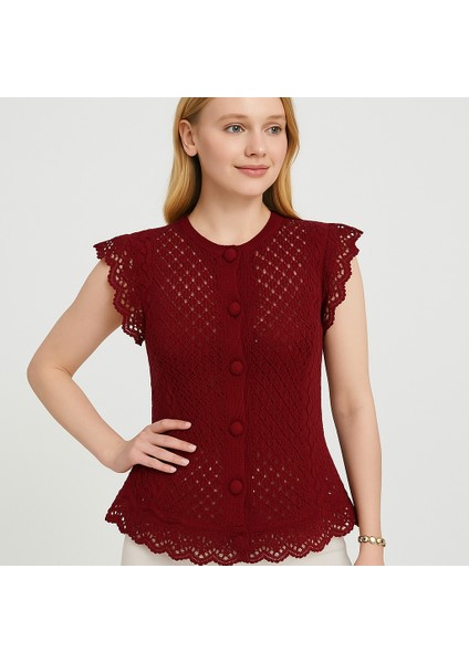 Kadın Bluz | Dantelli Düğme Detaylı Yelek Model | Bordo