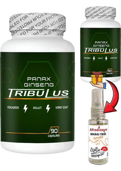 Panax: 2 Adet Panax Ginseng Tribuluslu Fenugreekli Shilajitli Hornygoatlı 90 Lı Erkeklere Özel Kapsüller + 30 ml Afrodizayn Masaj Yağı
