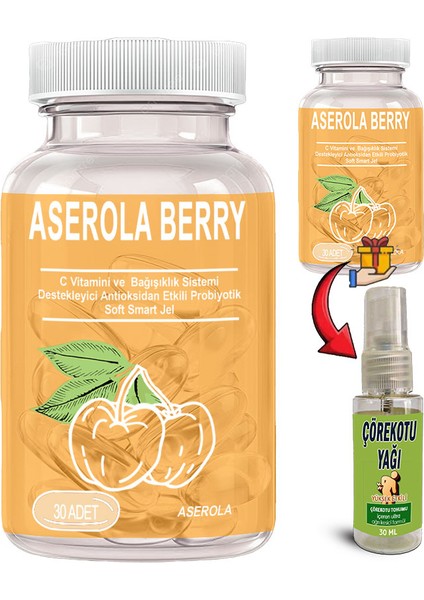 Aserola Berry: 2 Adet Aserola Ekstresi Içeren Probiyotik 30LU Soft Jel Kapsüller + 30 ml Çörek Otu Masaj Yağı