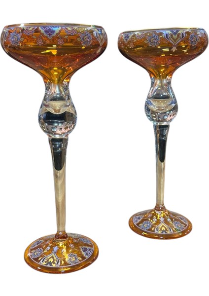 Turuncu Cam 2'li Şamdan, El İşçiliği, Salon Aksesuar Konsol