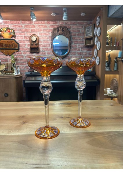 Turuncu Cam 2'li Şamdan, El İşçiliği, Salon Aksesuar Konsol fırsatları