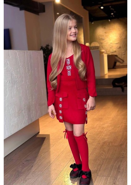 Kız Çocuk Askılı Bluz Hırka ve Elmas Taş Işlemeli Cepli Bordo Triko Etekli Takım