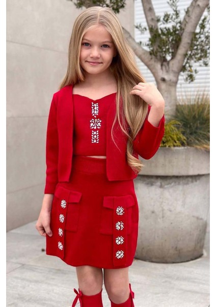 Kız Çocuk Askılı Bluz Hırka ve Elmas Taş Işlemeli Cepli Bordo Triko Etekli Takım fiyatları