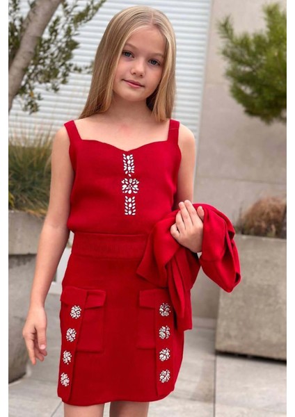 Kız Çocuk Askılı Bluz Hırka ve Elmas Taş Işlemeli Cepli Bordo Triko Etekli Takım modelleri