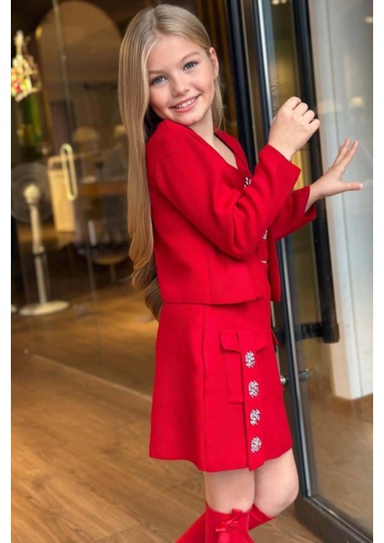 Kız Çocuk Askılı Bluz Hırka ve Elmas Taş Işlemeli Cepli Bordo Triko Etekli Takım fırsatları