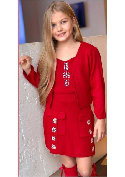 Kız Çocuk Askılı Bluz Hırka ve Elmas Taş Işlemeli Cepli Bordo Triko Etekli Takım indirimleri