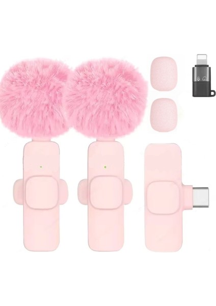 Kablosuz Tüylü Pembe Yaka Mikrofonu Type-C ve Apple Girişli 2’li Set Bluetooth 5.0