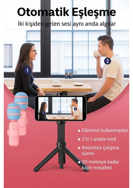 Kablosuz Tüylü Pembe Yaka Mikrofonu Type-C ve Apple Girişli 2’li Set Bluetooth 5.0 fiyatları