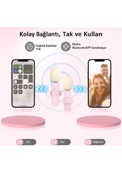 Kablosuz Tüylü Pembe Yaka Mikrofonu Type-C ve Apple Girişli 2’li Set Bluetooth 5.0 fırsatları
