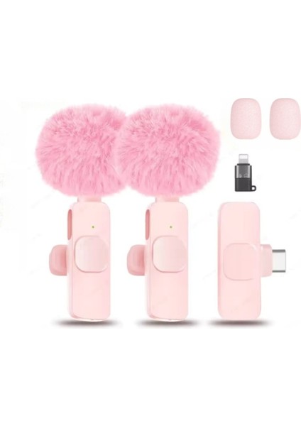 Kablosuz Tüylü Pembe Yaka Mikrofonu Type-C ve Apple Girişli 2’li Set Bluetooth 5.0 indirimleri