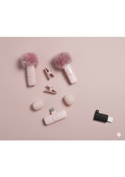Kablosuz Tüylü Pembe Yaka Mikrofonu Type-C ve Apple Girişli 2’li Set Bluetooth 5.0