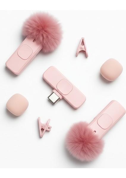 Kablosuz Tüylü Pembe Yaka Mikrofonu Type-C ve Apple Girişli 2’li Set Bluetooth 5.0