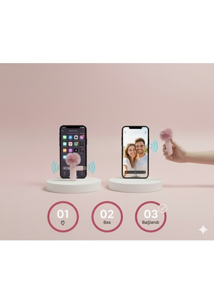 Kablosuz Tüylü Pembe Yaka Mikrofonu Type-C ve Apple Girişli 2’li Set Bluetooth 5.0