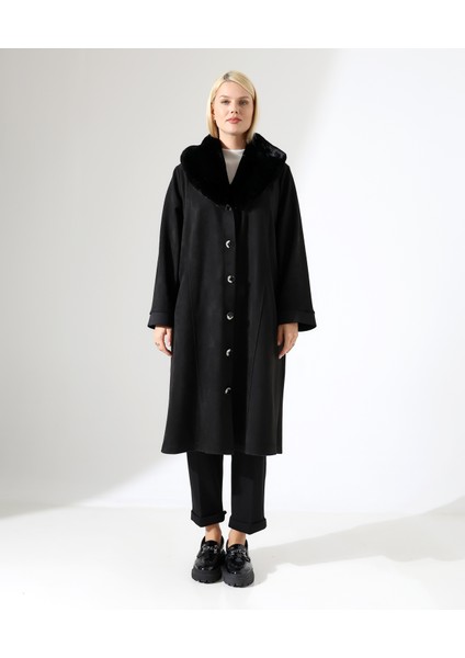 Şal Yaka Kürk Detay Uzun Kaban