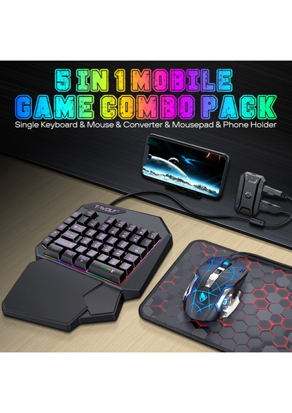 5’li Oyun Seti Tek El Klavye + Mouse + Dönüştürücü + Stand + Mouse Pad