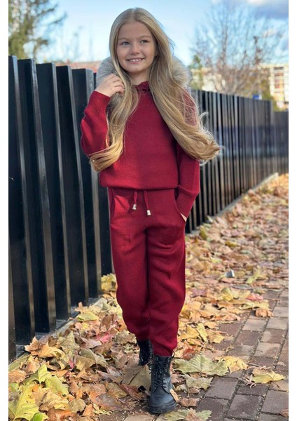 Kız Çocuk Yakası Çıkarılabilir Kürklü Kazak Çift Cepli Triko Bordo Alt Üst Takım