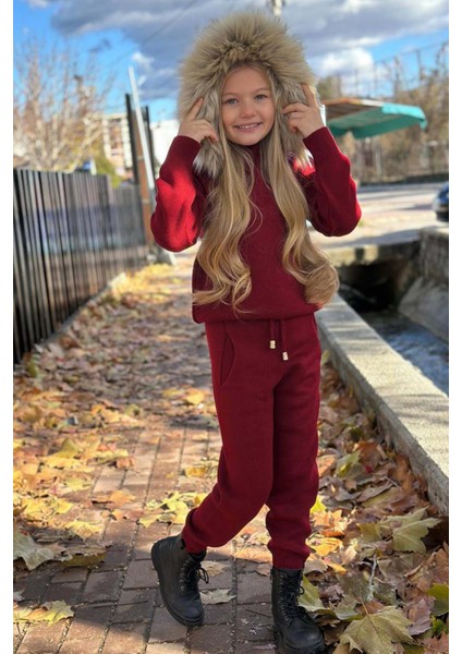 Kız Çocuk Yakası Çıkarılabilir Kürklü Kazak Çift Cepli Triko Bordo Alt Üst Takım fiyatları