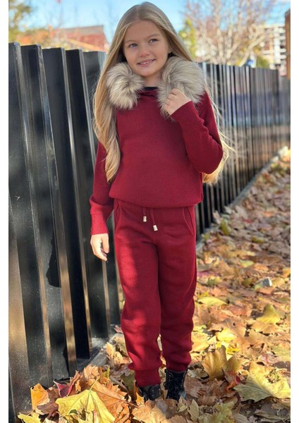Kız Çocuk Yakası Çıkarılabilir Kürklü Kazak Çift Cepli Triko Bordo Alt Üst Takım modelleri