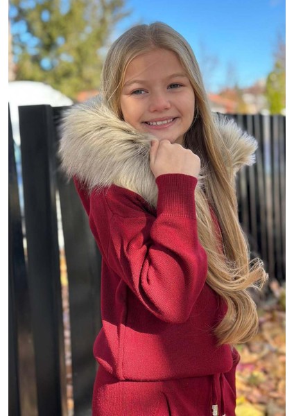 Kız Çocuk Yakası Çıkarılabilir Kürklü Kazak Çift Cepli Triko Bordo Alt Üst Takım fırsatları