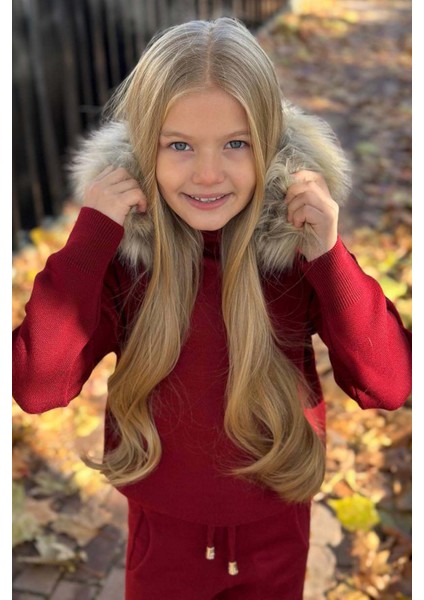 Kız Çocuk Yakası Çıkarılabilir Kürklü Kazak Çift Cepli Triko Bordo Alt Üst Takım indirimleri