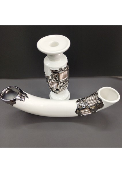 Dekoratif Vazo Obje ve Mumluk Seramik Gümüş Işlemeli