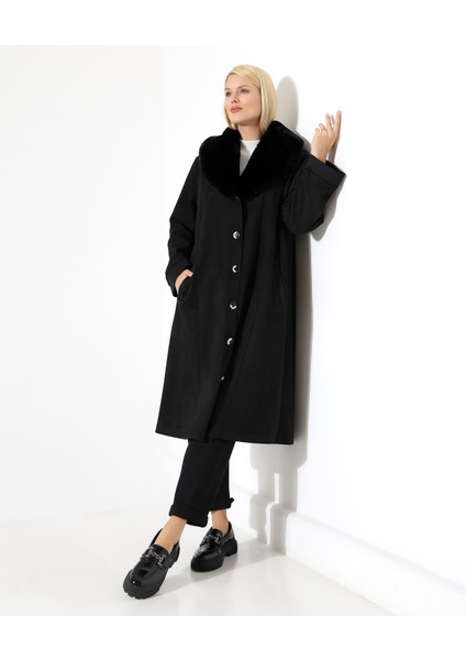 Şal Yaka Kürk Detay Uzun Kaban