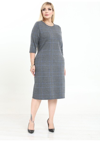 Çift Cepli Desenli Esnek Kışlık Büyük Beden Midi Elbise 6C-2736