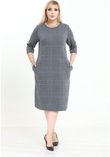 Çift Cepli Desenli Esnek Kışlık Büyük Beden Midi Elbise 6C-2736 fiyatları