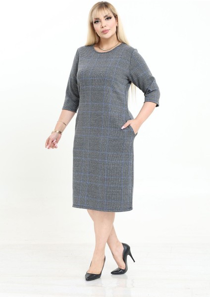 Çift Cepli Desenli Esnek Kışlık Büyük Beden Midi Elbise 6C-2736 modelleri