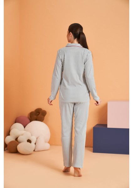 Boy Çizgili Kadın Düğmeli Pijama Takımı 28064 modelleri