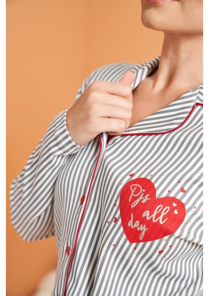 Boy Çizgili Kadın Düğmeli Pijama Takımı 28064 fırsatları