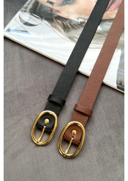 Kadın 2'li Gold Oval Tokalı Pantolon Elbise Gömlek Ceket Kemeri