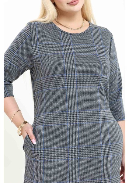 Çift Cepli Desenli Esnek Kışlık Büyük Beden Midi Elbise 6C-2736 fırsatları