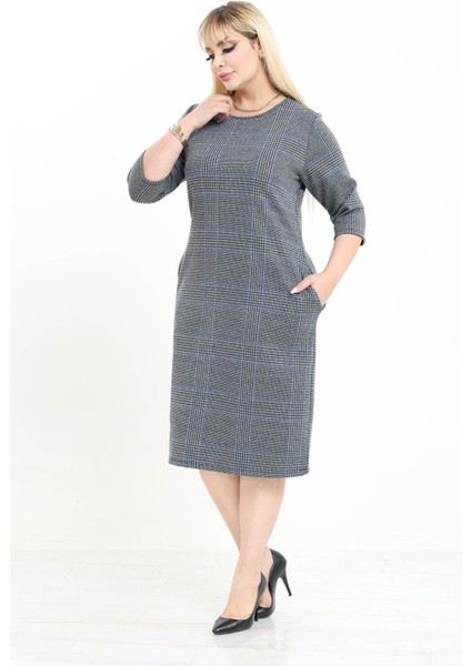 Çift Cepli Desenli Esnek Kışlık Büyük Beden Midi Elbise 6C-2736 indirimleri