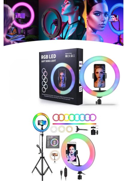 Rgb Işıklı 26 cm 10 Inç Çok Renkli LED Ring Light 2.1m Tripot Youtube Tiktok Make Up Çekim Işığı