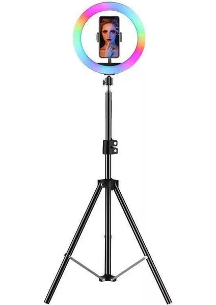 Rgb Işıklı 26 cm 10 Inç Çok Renkli LED Ring Light 2.1m Tripot Youtube Tiktok Make Up Çekim Işığı fiyatları