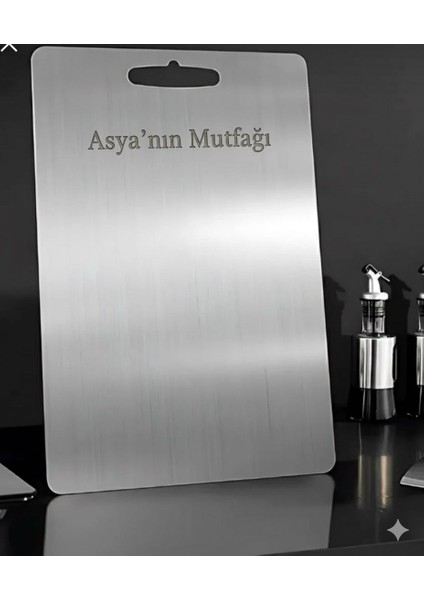 Askılı & Lazer Yazılı %100 Paslanmaz Çelik Kesme Tahtası 24X33 cm