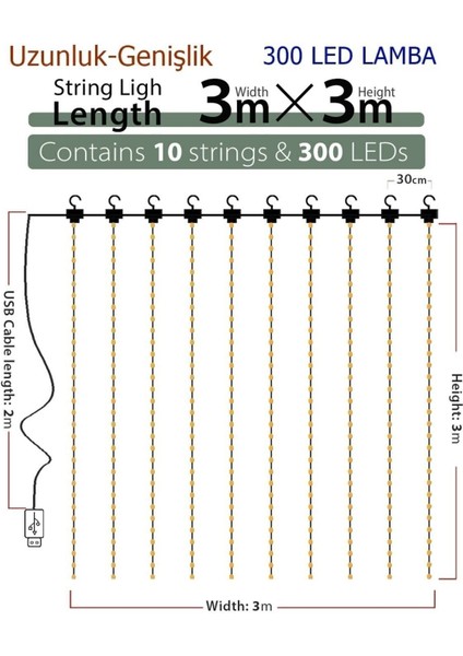 Kumandalı 8 Ayrı Moda Sahip 3MX3M ( 300 cm x 300 cm ) Perde LED Tel LED USB modelleri