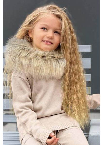 Kız Çocuk Yakası Çıkarılabilir Kürklü Kazak Çift Cepli Triko Ekru Alt Üst Takım indirimleri