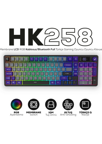 HK258 Membrane LCD Rgb Kablosuz/bluetooth Gri Mor Full Türkçe Gaming Klavye