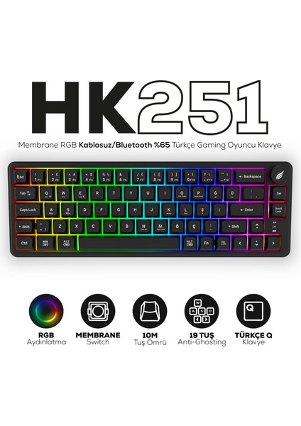 HK251 Membrane Rgb Kablosuz/bluetooth Siyah %65 Türkçe Gaming Klavye